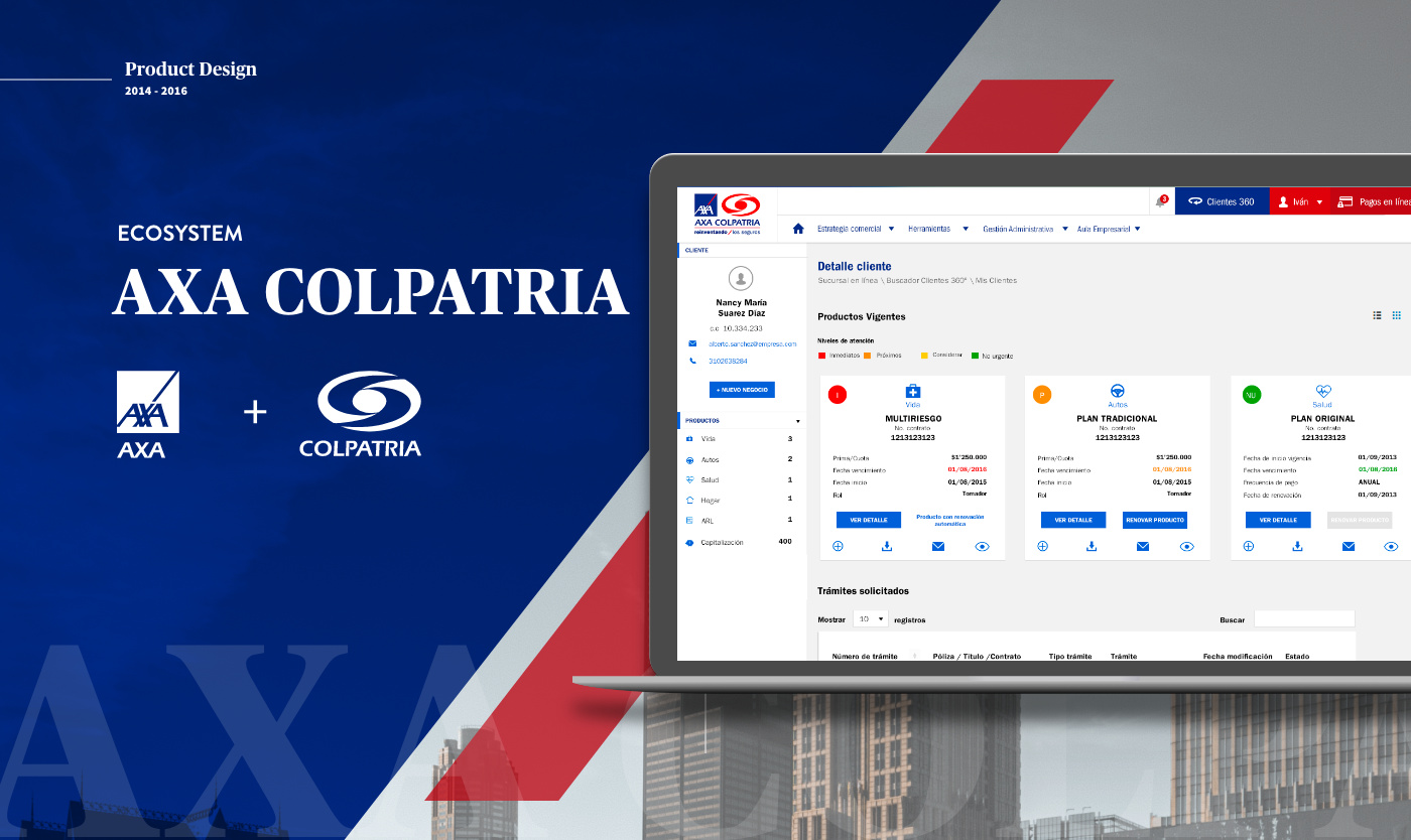 The AXA Colpatria ecosystem cover next to the DPW client detail screen on desktop