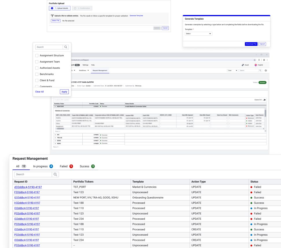 Portfolio upload, template generation and request management screens
