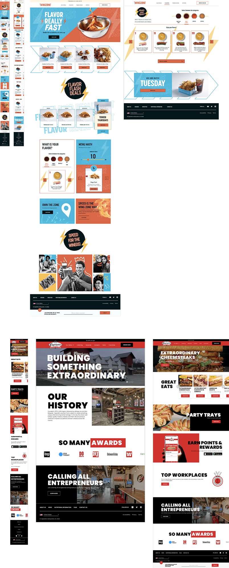 Full-page design concepts for Wing Zone and Capriotti's