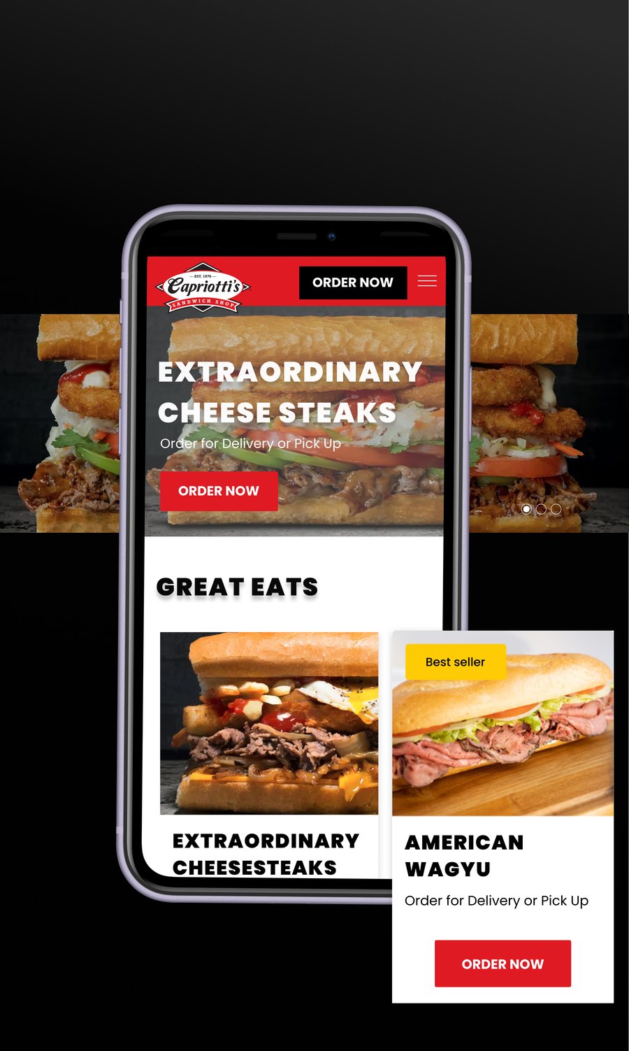 Capriotti's mobile home page with featured cheesesteaks and order buttons