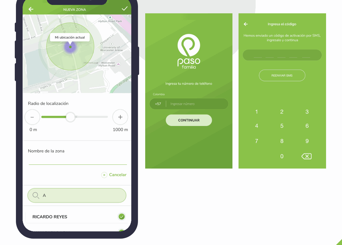 Onboarding screens: a location radius slider and a phone number and SMS code entry