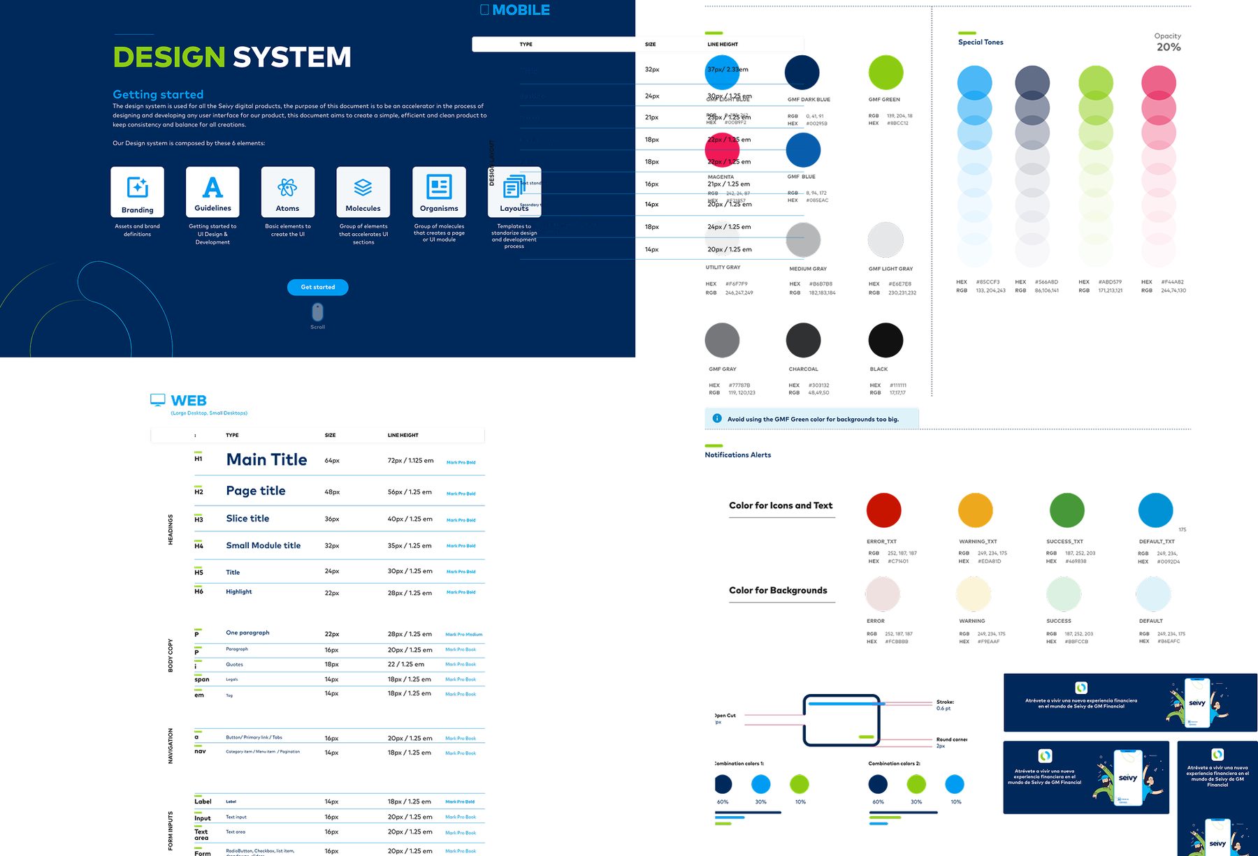 Seivy design system: typography scales, color palette, alerts and banners