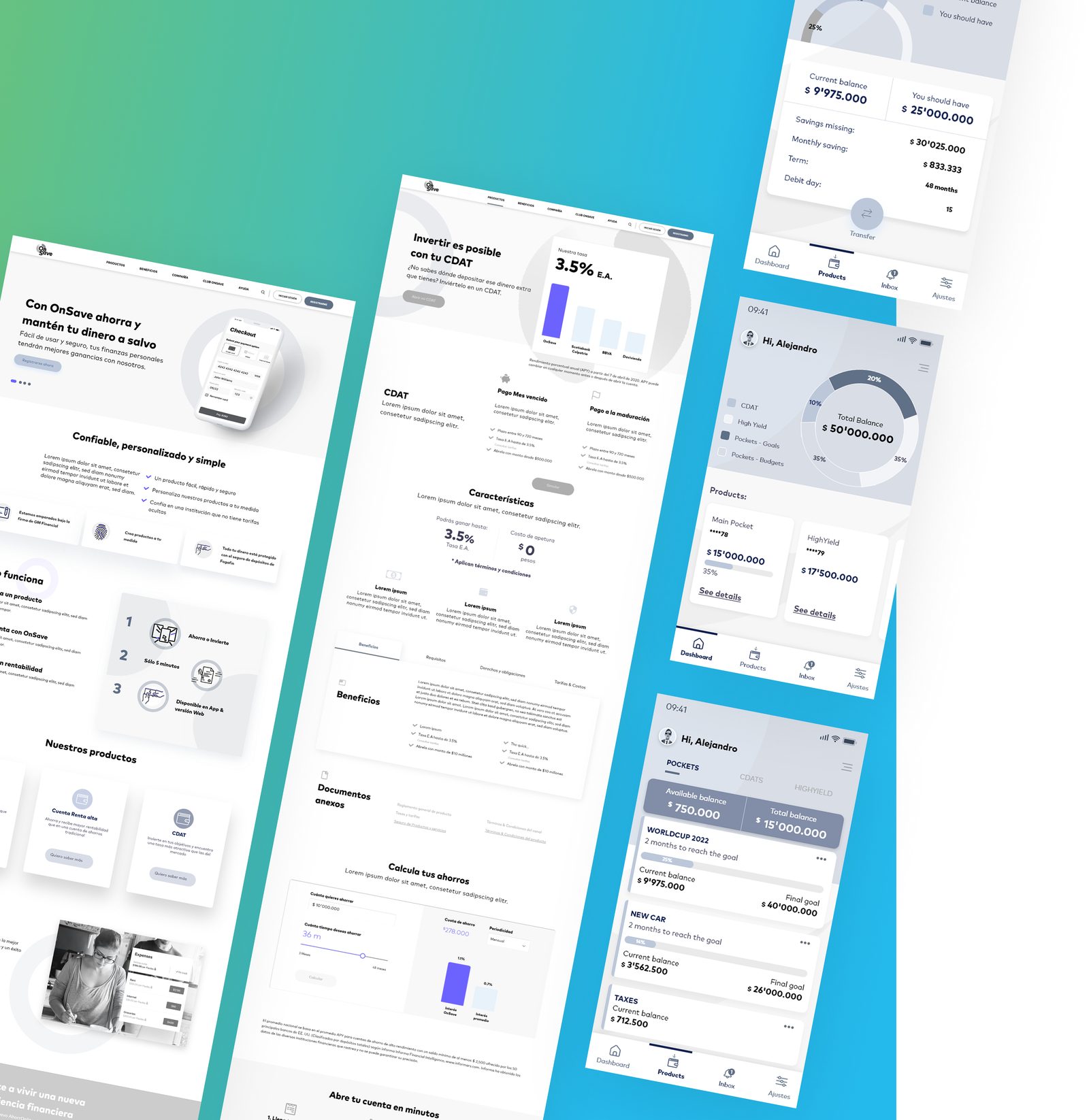 Wireframes of the website and savings goals screens in the app