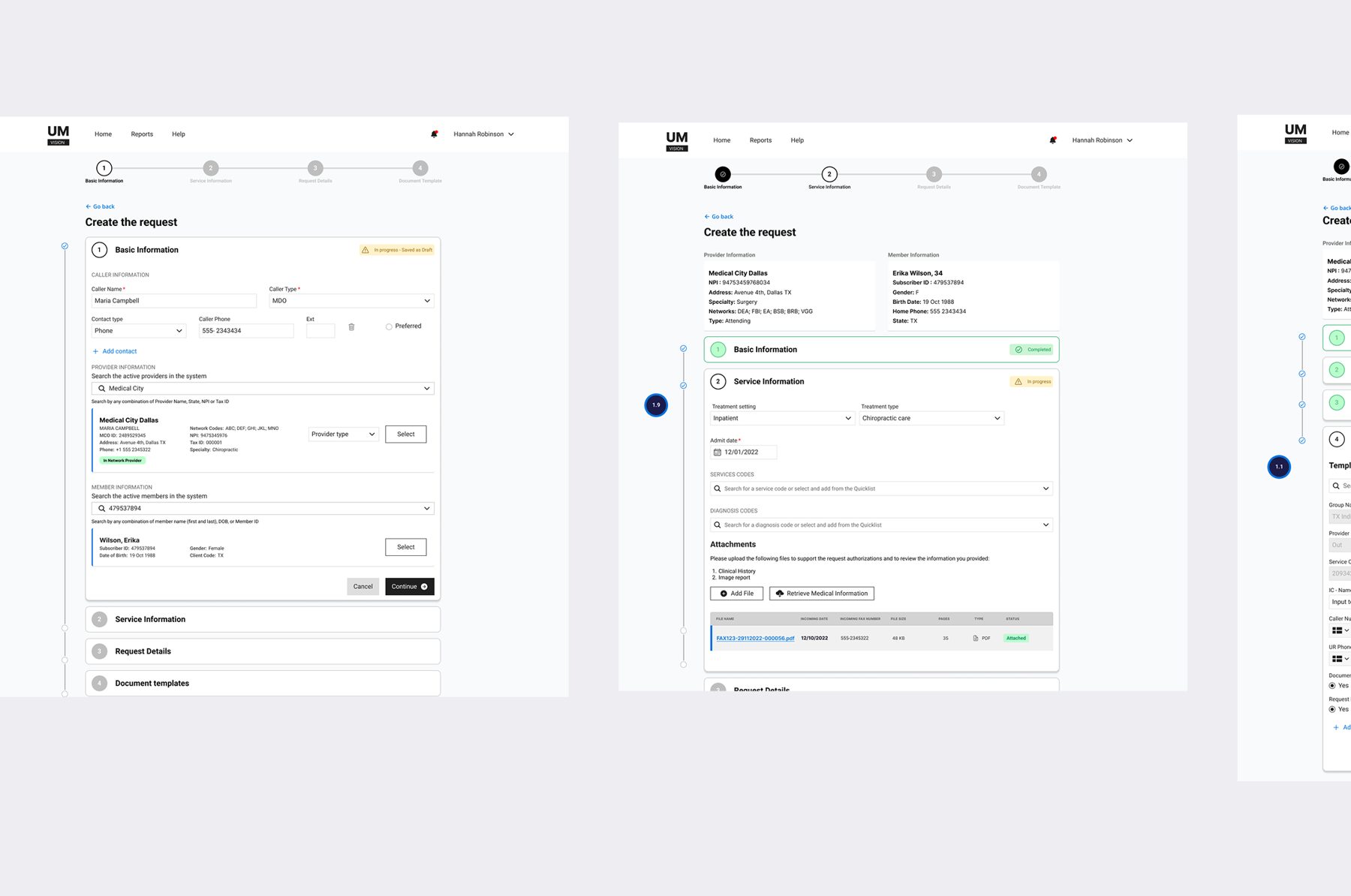 Wireframes of the create request flow